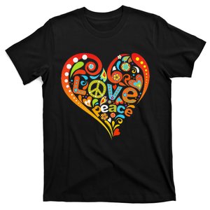 Pretty 60s 70s Hippie Peace Love Heart Peace Sign T-Shirt