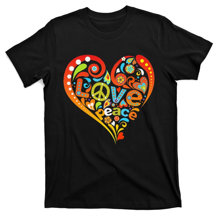 Pretty 60s 70s Hippie Peace Love Heart Peace Sign T-Shirt