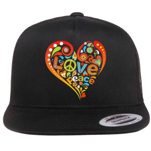 Pretty 60s 70s Hippie Peace Love Heart Peace Sign Flat Bill Trucker Hat