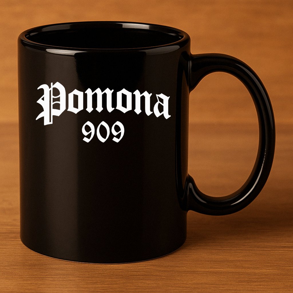 Pomona 909 Area Code Og Chicano Pride Mexican Tattoo Biker 11oz C Handle Ceramic Mug
