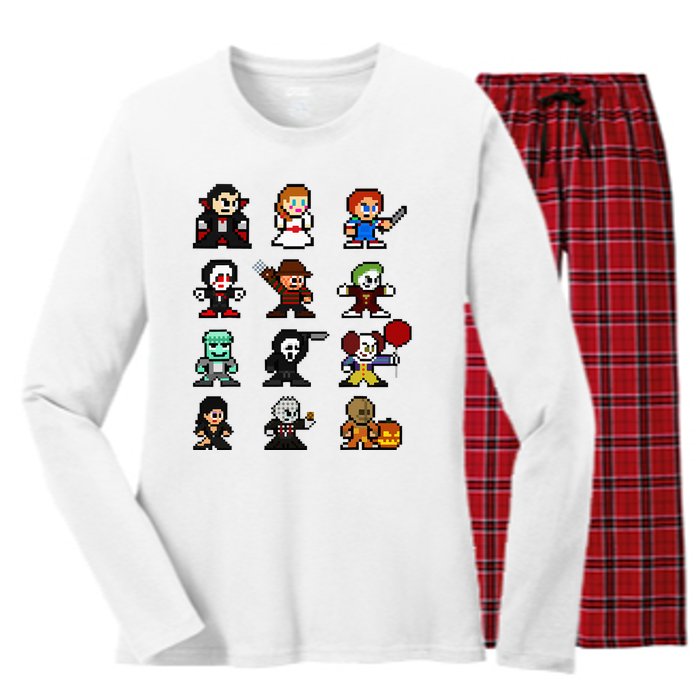 Pixel Art 8bit Horror Halloween Scary Character Women's Long Sleeve Flannel Pajama Set 