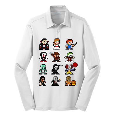 Pixel Art 8bit Horror Halloween Scary Character Silk Touch Performance Long Sleeve Polo