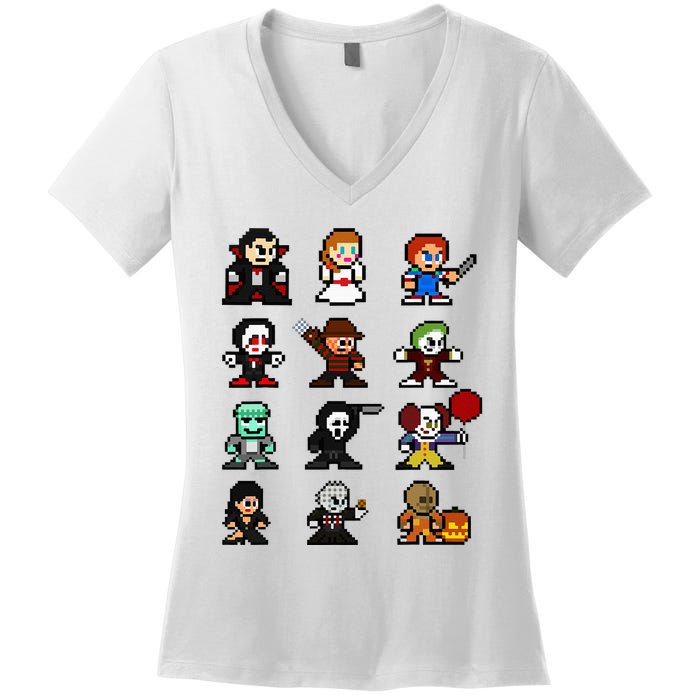 Pixel Art 8bit Horror Halloween Scary Character Women's V-Neck T-Shirt