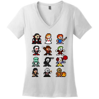Pixel Art 8bit Horror Halloween Scary Character Video Games Women's V-Neck T-Shirt