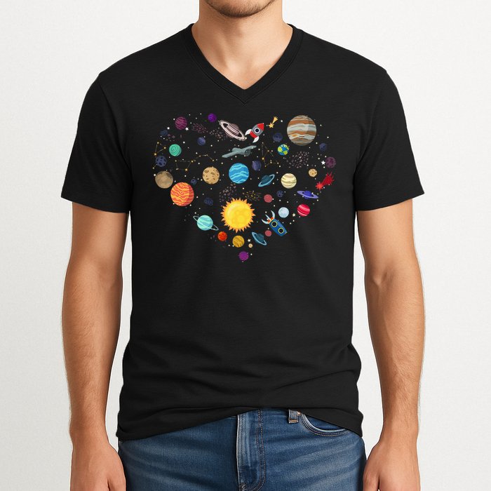 Planets As A Heart Solar System, Science, Space V-Neck T-Shirt