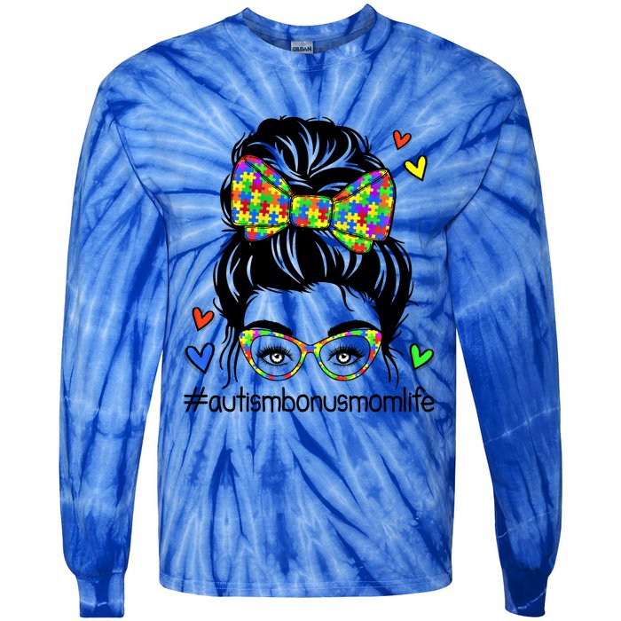 Puzzle Autism Awareness Bonus Mom Life Messy Bun Mothers Day Sweatshirt Tie-Dye Long Sleeve Shirt