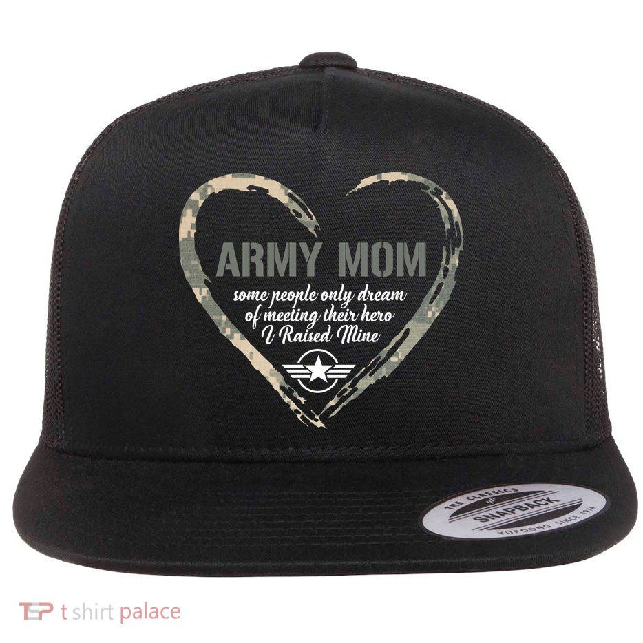 Proud American Army Mother Woman Army Woman Proud Mom Heart Military Mom Flat Bill Trucker Hat