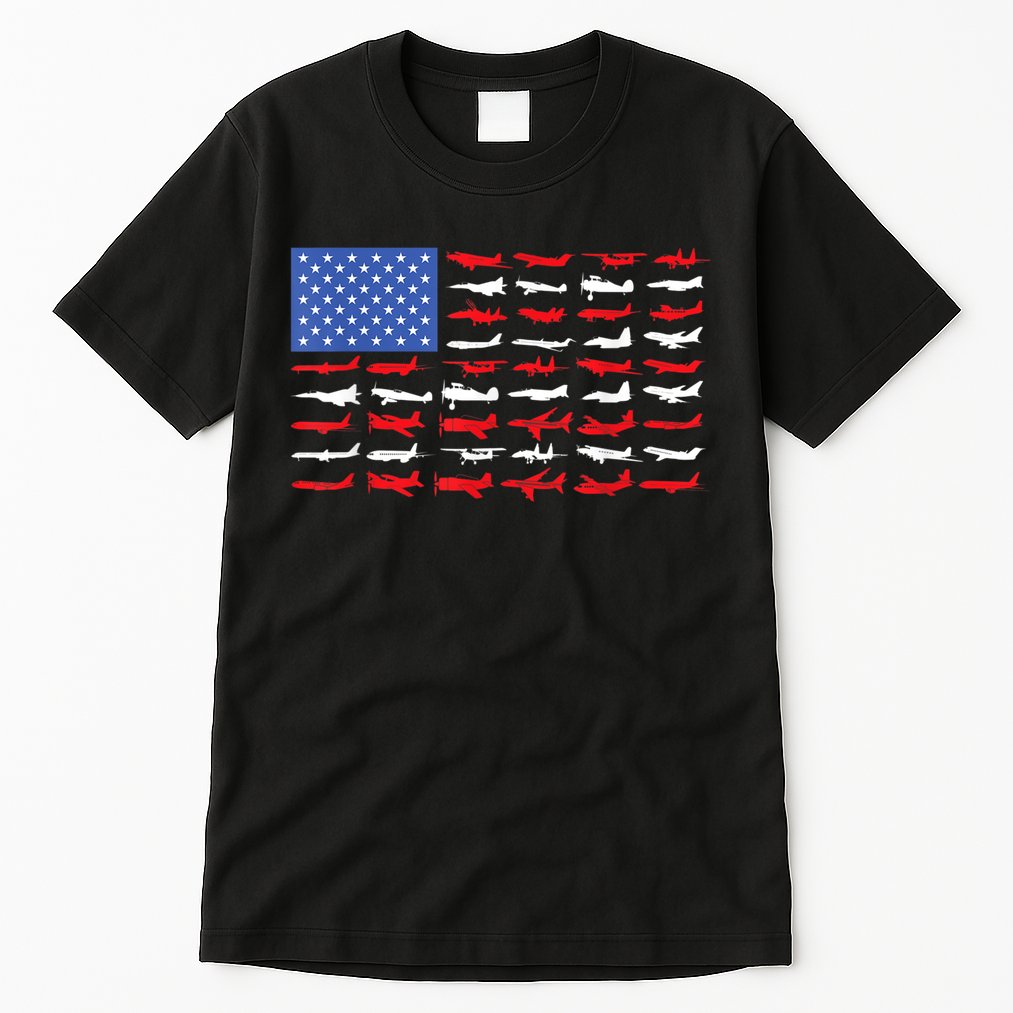 Pilot Airplane American Flag Plane Aviation Tall T-Shirt