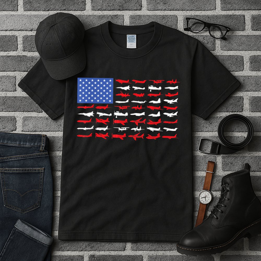Pilot Airplane American Flag Plane Aviation Tall T-Shirt
