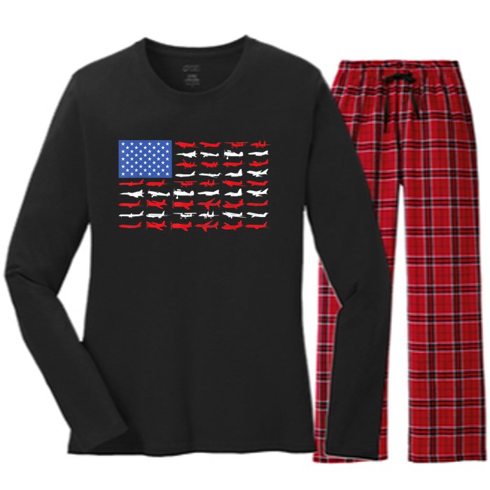 Pilot Airplane American Flag Plane Aviation Women's Long Sleeve Flannel Pajama Set 