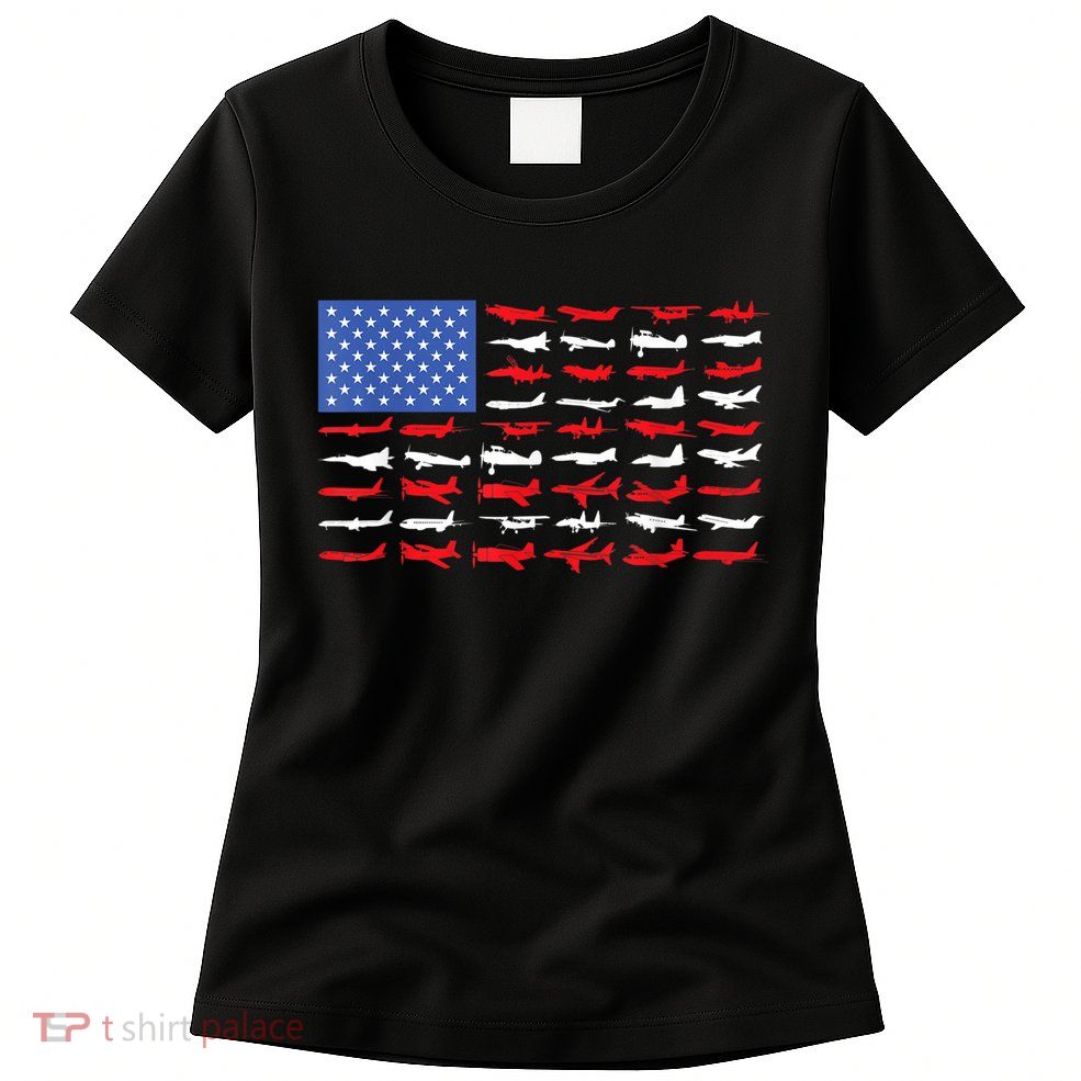 Pilot Airplane American Flag Plane Aviation Womens T-Shirt