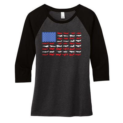 Pilot Airplane American Flag Plane Aviation Women's Tri-Blend 3/4-Sleeve Raglan Shirt