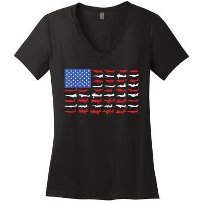 Pilot Airplane American Flag Plane Aviation Women's V-Neck T-Shirt