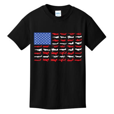 Pilot Airplane American Flag Plane Aviation Kids T-Shirt