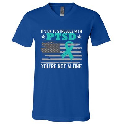 Ptsd Awareness American Flag Us Veteran Teal Ribbon Ptsd Gift V-Neck T-Shirt