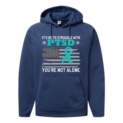 Ptsd Awareness American Flag Us Veteran Teal Ribbon Ptsd Gift Performance Fleece Hoodie