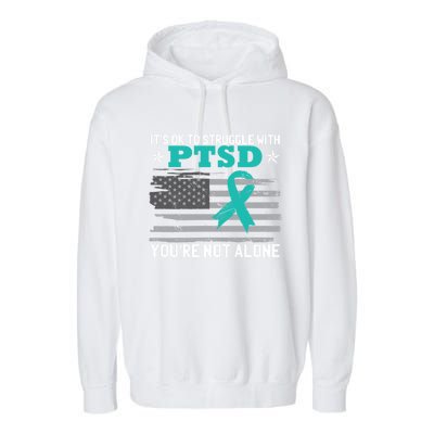 Ptsd Awareness American Flag Us Veteran Teal Ribbon Ptsd Gift Garment-Dyed Fleece Hoodie