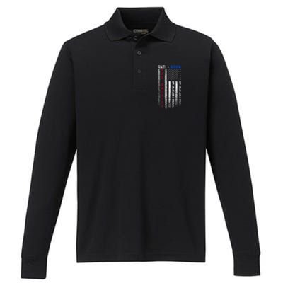 Pro America Anti Biden On Back. Usa Flag Grunge Performance Long Sleeve Polo