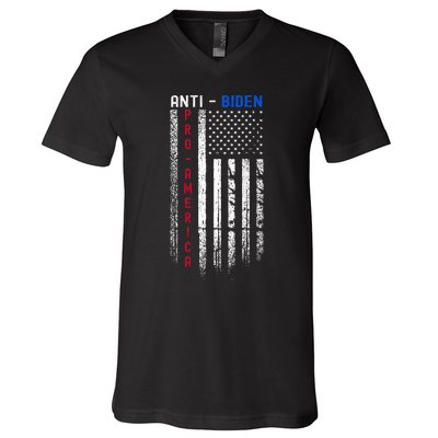 Pro America Anti Biden On Back. Usa Flag Grunge V-Neck T-Shirt