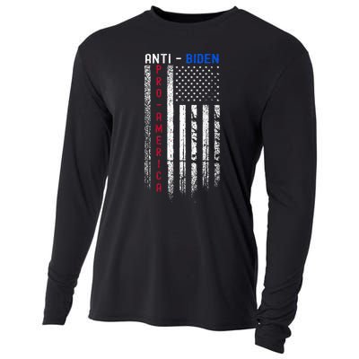 Pro America Anti Biden On Back. Usa Flag Grunge Cooling Performance Long Sleeve Crew