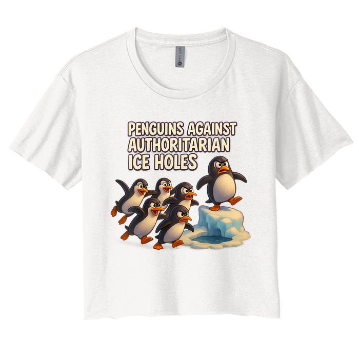 Penguins Against Authoritarian Ice Holes Sarcastic V-Neck  Women's Crop Top Tee
