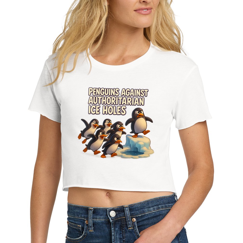 Penguins Against Authoritarian Ice Holes Sarcastic V-Neck  Women's Crop Top Tee