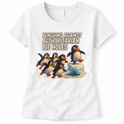 Penguins Against Authoritarian Ice Holes Sarcastic V-Neck  Womens T-Shirt