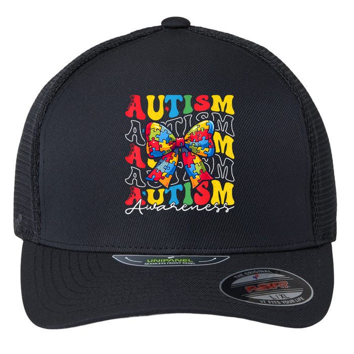 Puzzle Autism Awareness Coquette Bow Autism Awareness Day Flexfit Unipanel Trucker Cap