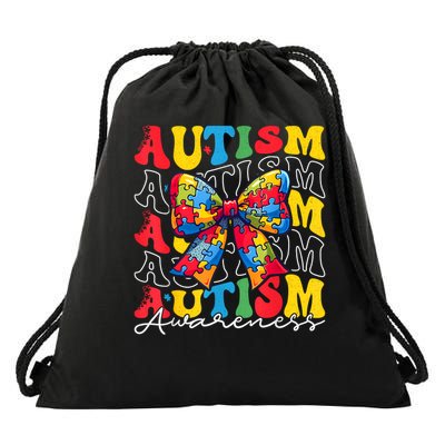 Puzzle Autism Awareness Coquette Bow Autism Awareness Day Drawstring Bag