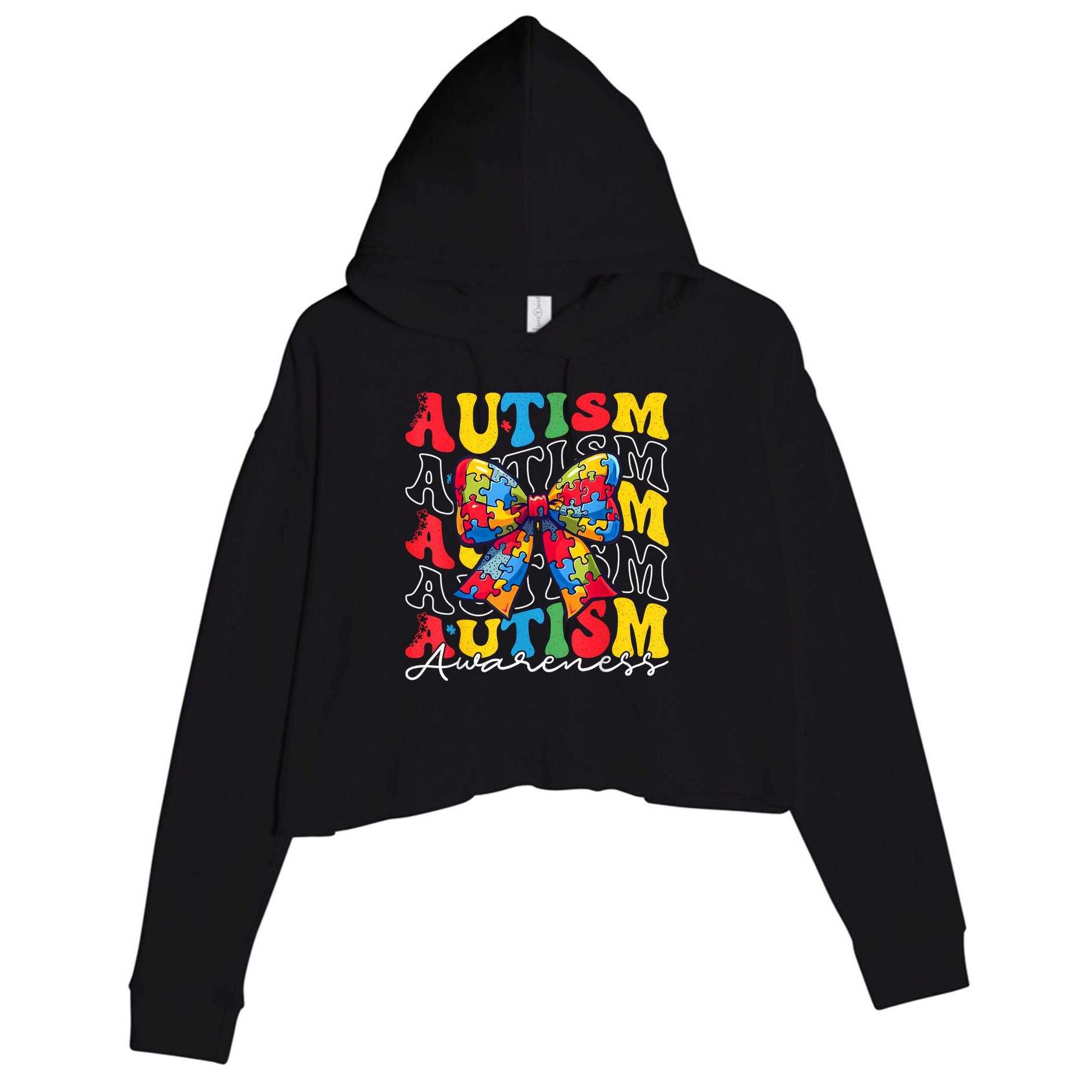 Puzzle Autism Awareness Coquette Bow Autism Awareness Day Crop Fleece Hoodie