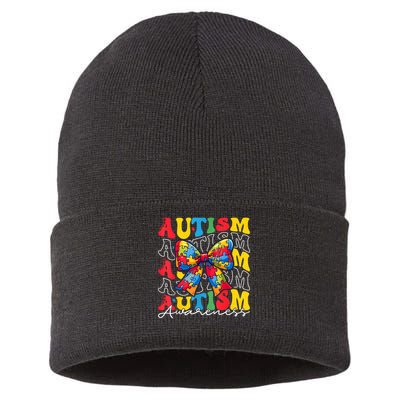 Puzzle Autism Awareness Coquette Bow Autism Awareness Day Sustainable Knit Beanie