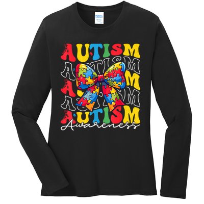 Puzzle Autism Awareness Coquette Bow Autism Awareness Day Ladies Long Sleeve Shirt