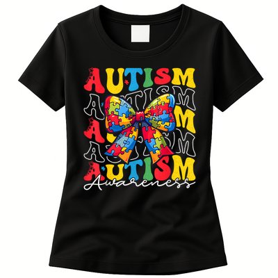 Puzzle Autism Awareness Coquette Bow Autism Awareness Day Womens T-Shirt