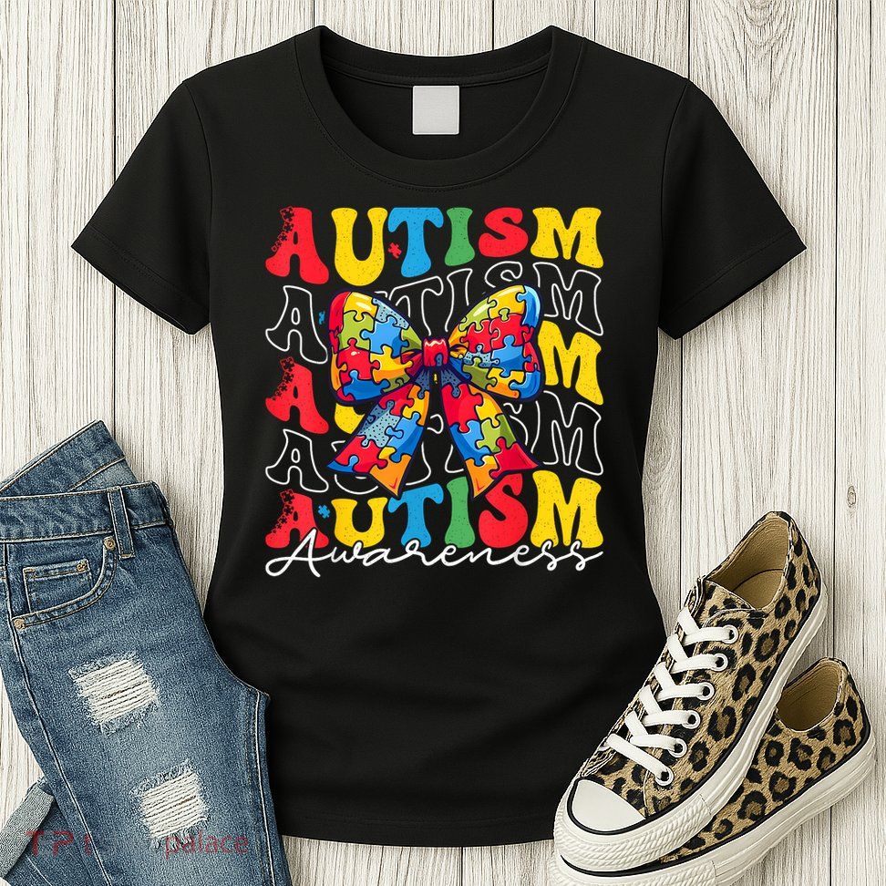Puzzle Autism Awareness Coquette Bow Autism Awareness Day Womens T-Shirt