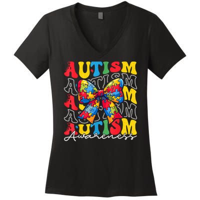 Puzzle Autism Awareness Coquette Bow Autism Awareness Day Women's V-Neck T-Shirt