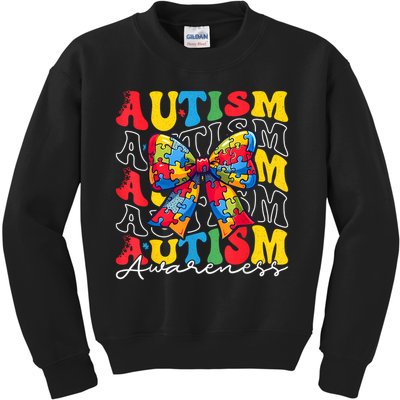 Puzzle Autism Awareness Coquette Bow Autism Awareness Day Kids Sweatshirt