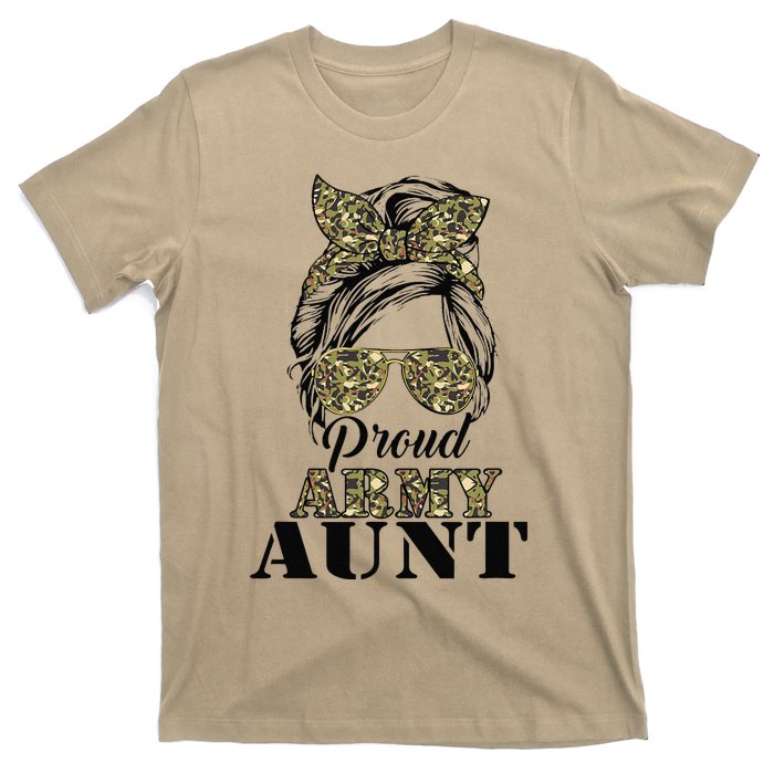 Proud Army Aunt Camouflage Messy Bun Soldier Mother's Day T-Shirt