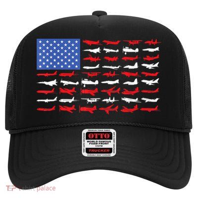 Pilot Airplane American Flag Plane Aviation Short Sleeve High Crown Mesh Back Trucker Hat