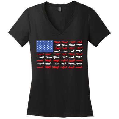 Pilot Airplane American Flag Plane Aviation Short Sleeve Women's V-Neck T-Shirt