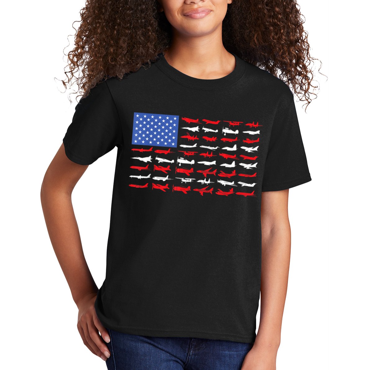 Pilot Airplane American Flag Plane Aviation Short Sleeve Kids T-Shirt