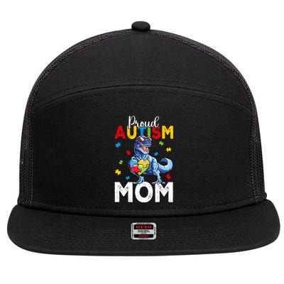 Proud Autism Awareness 2024 Mom Cool Trex Dinosaur Funny Gift 7 Panel Mesh Trucker Snapback Hat