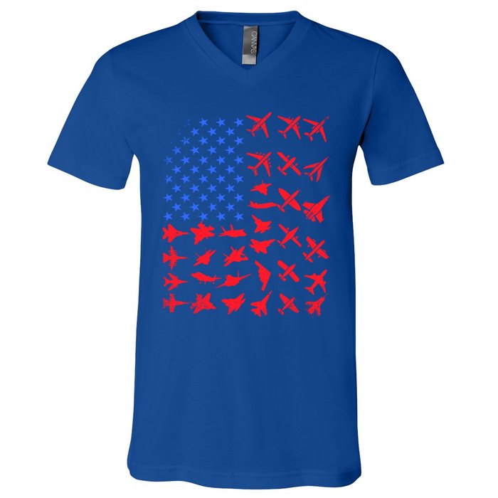 Pilot Airplane American Flag Plane Aviation Gift Patriotic Funny Gift V-Neck T-Shirt