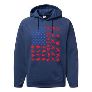 Pilot Airplane American Flag Plane Aviation Gift Patriotic Funny Gift Performance Fleece Hoodie