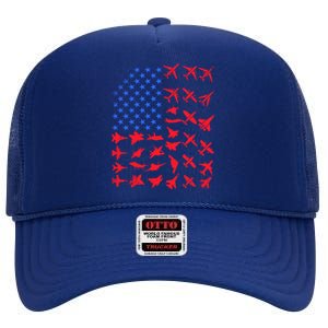 Pilot Airplane American Flag Plane Aviation Gift Patriotic Funny Gift High Crown Mesh Back Trucker Hat