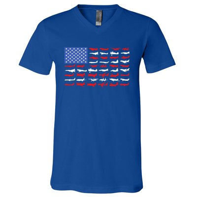 Pilot Airplane American Flag Vintage Aviation Flying Airline Cool Gift V-Neck T-Shirt