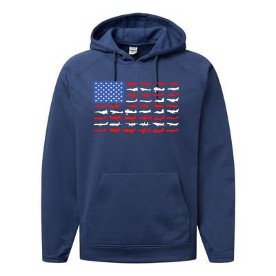 Pilot Airplane American Flag Vintage Aviation Flying Airline Cool Gift Performance Fleece Hoodie