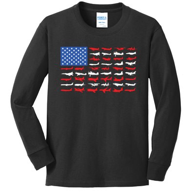 Pilot Airplane American Flag Kids Long Sleeve Shirt