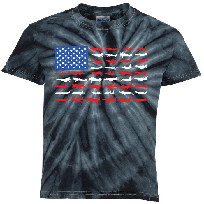 Pilot Airplane American Flag Kids Tie-Dye T-Shirt