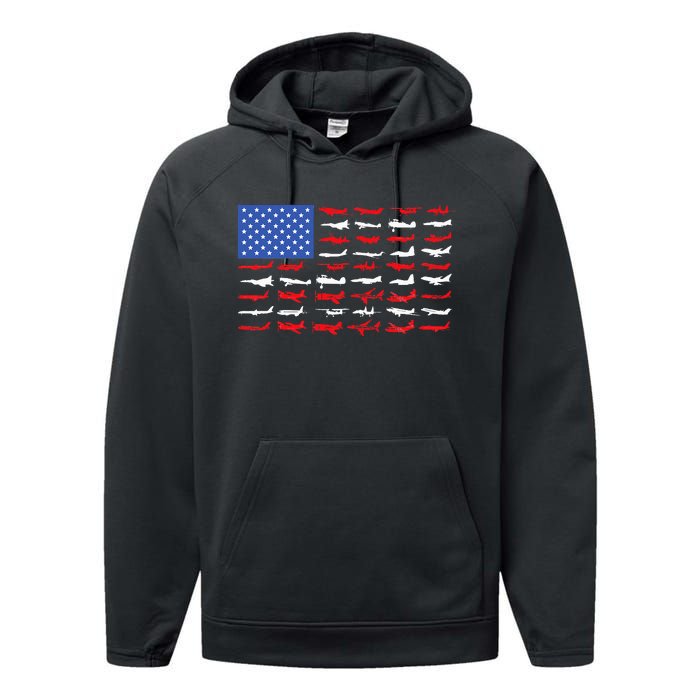 Pilot Airplane American Flag Plane Aviation Performance Fleece Hoodie