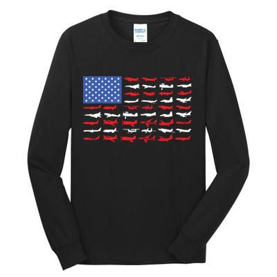 Pilot Airplane American Flag Plane Aviation Tall Long Sleeve T-Shirt